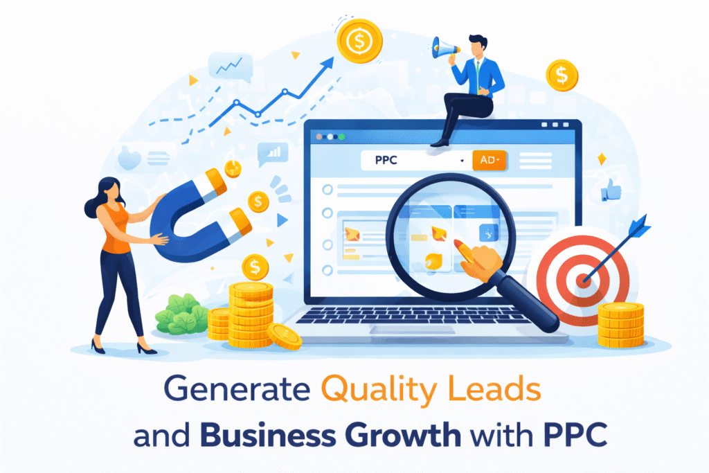 PPC marketing strategy illustration showing lead generation and business growth through paid ads