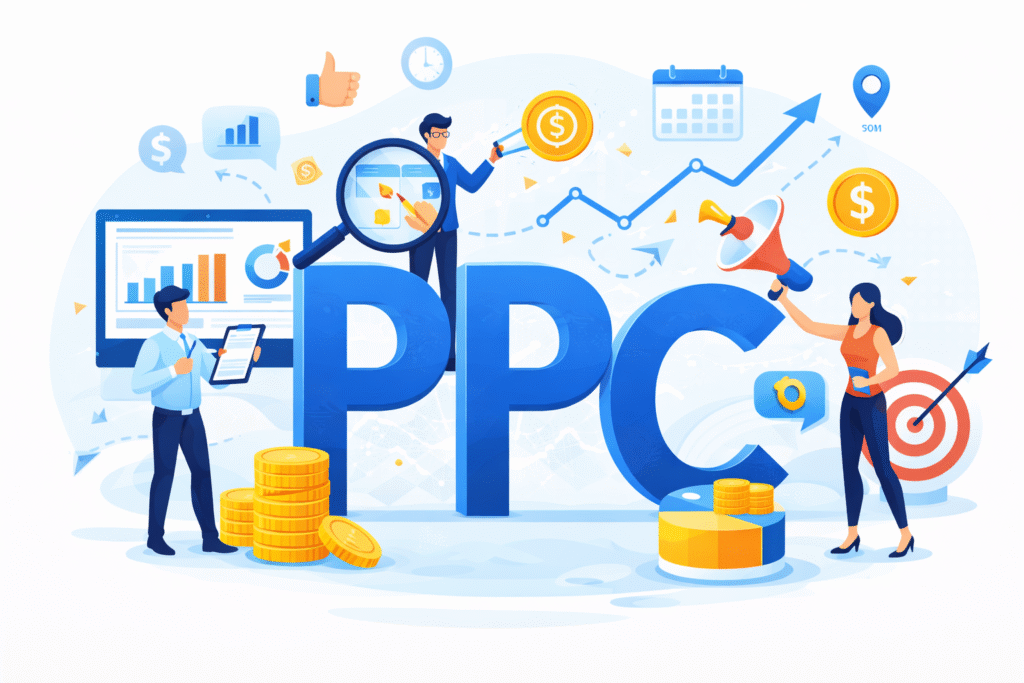 Digital PPC advertising concept with analytics, targeting, and conversion-focused campaigns for business growth